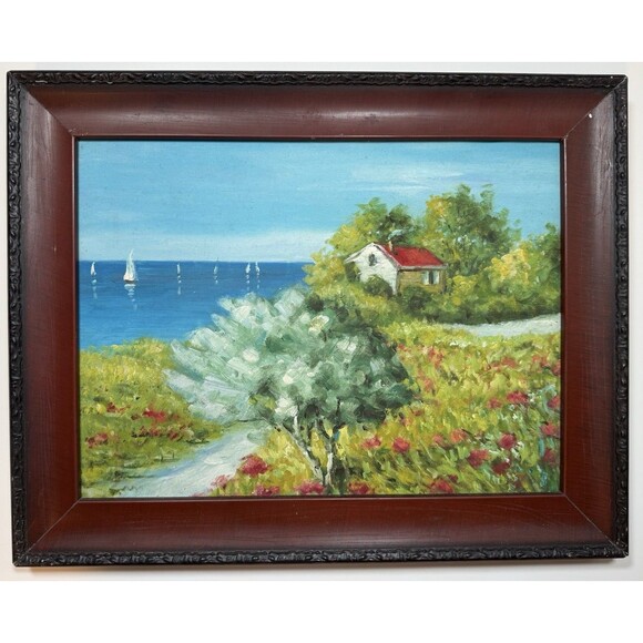Oil Painting of an Oceanfront Garden Home w/ Sailboats On The Coast. Framed - Picture 1 of 9